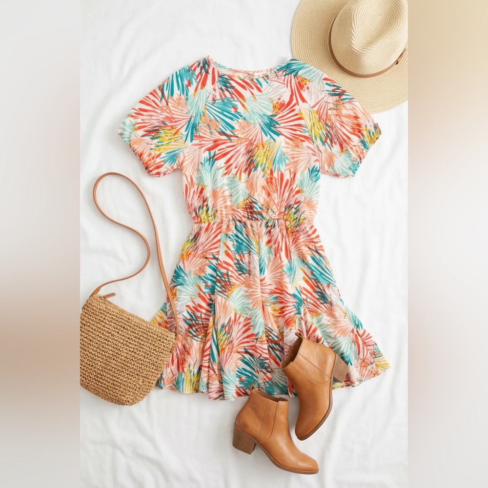 Tropical Print Short-Sleeve Summer Dress - Coral Multi